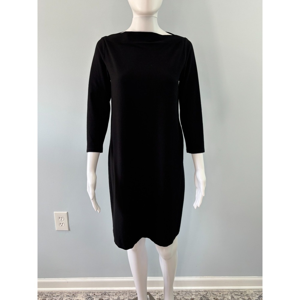 Eileen Fisher Women's XS Black Knit Sheath Dress 3/4 Sleeve Stretch Quiet Luxury
